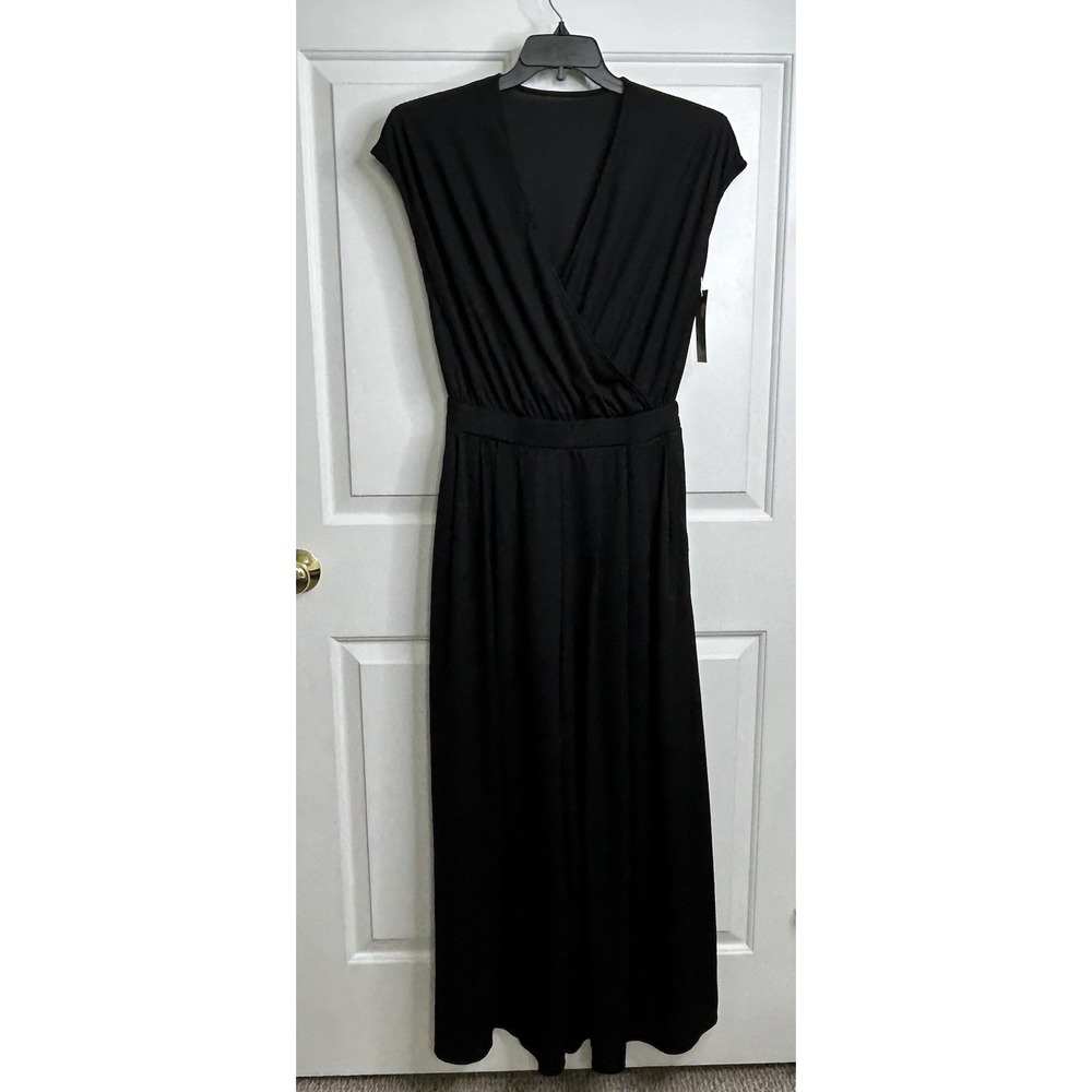 Halara Short Sleeve Wide Leg Flowy Waffle Jumpsuit + Pockets Womens Small Black‎